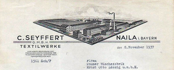 Cabecera de un documento de la fabrica C.Seyffert G.M.B.H Textilwerker fechada 1937